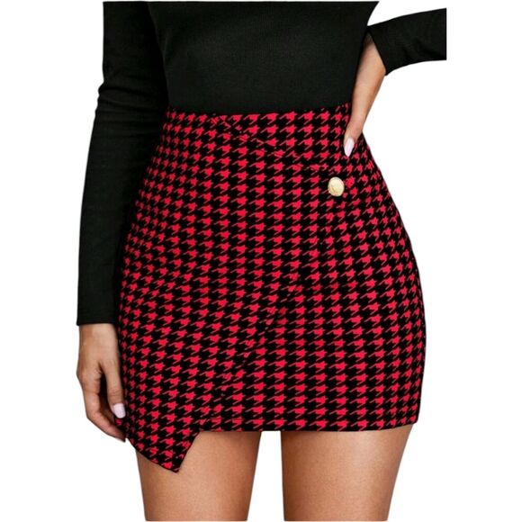 Stylish Red and Black Houndstooth Skirt - Picture 1 of 5